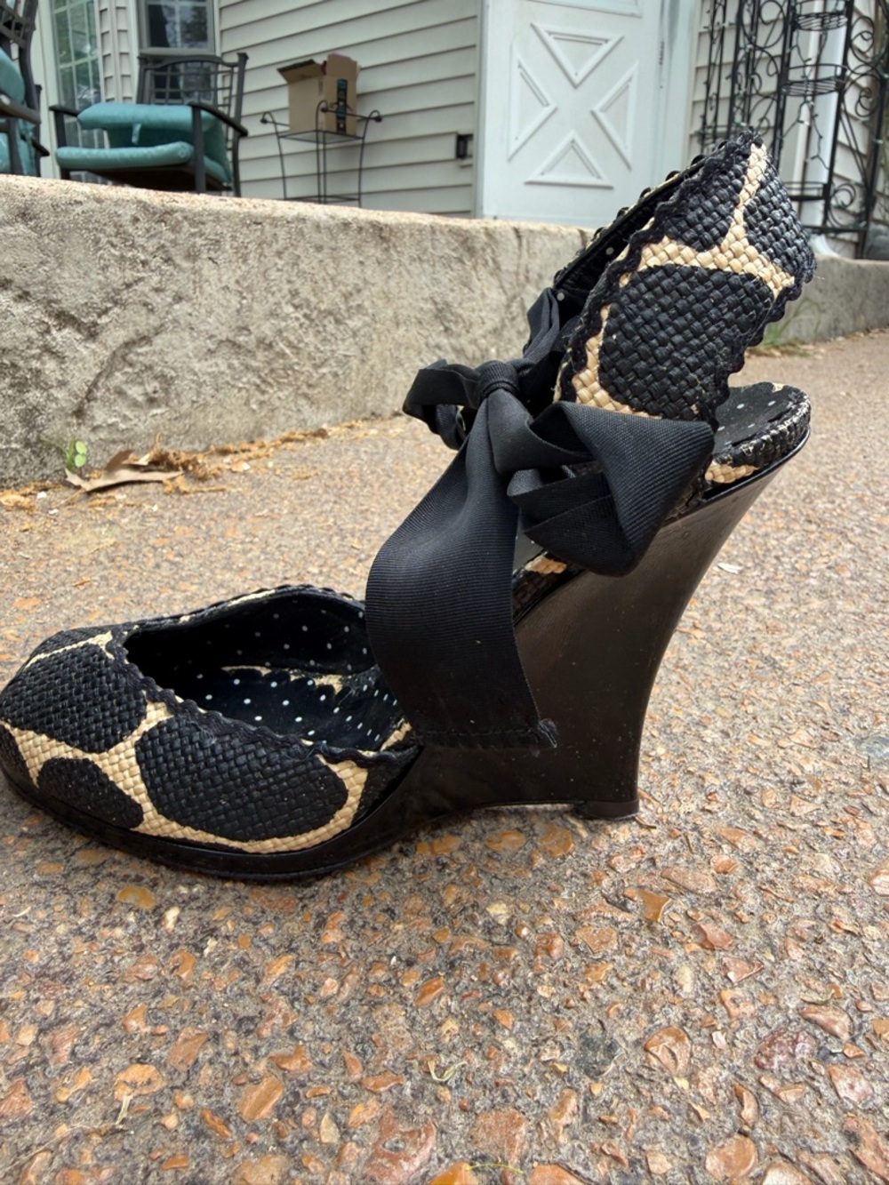 Moschino Black and Tan Peep-Toe Wedge Heels with Bow Ankle Ties - Picture 2 of 3